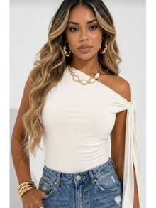 Women's One-Shoulder Blouse In Suplex Fabric, Single Strap, Side Tie Detail, Basic Blogger Style - Off - View 1