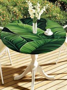 1pc Tropical Palm Leaf Tablecloth With Elastic Band, Polyester Hawaiian Green Leaf Round Tablecloth For Kitchen, Dining Room, Party, Patio Table - A - View 8