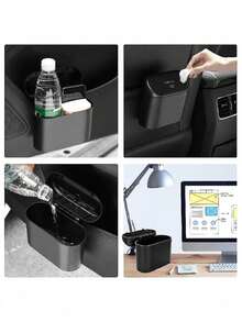Leakproof Mini Car Trash Can With Lid, With Garbage Bag, Convenient And Hygienic Car Accessory, Car Door Hanging Storage Organizer - Black - View 6