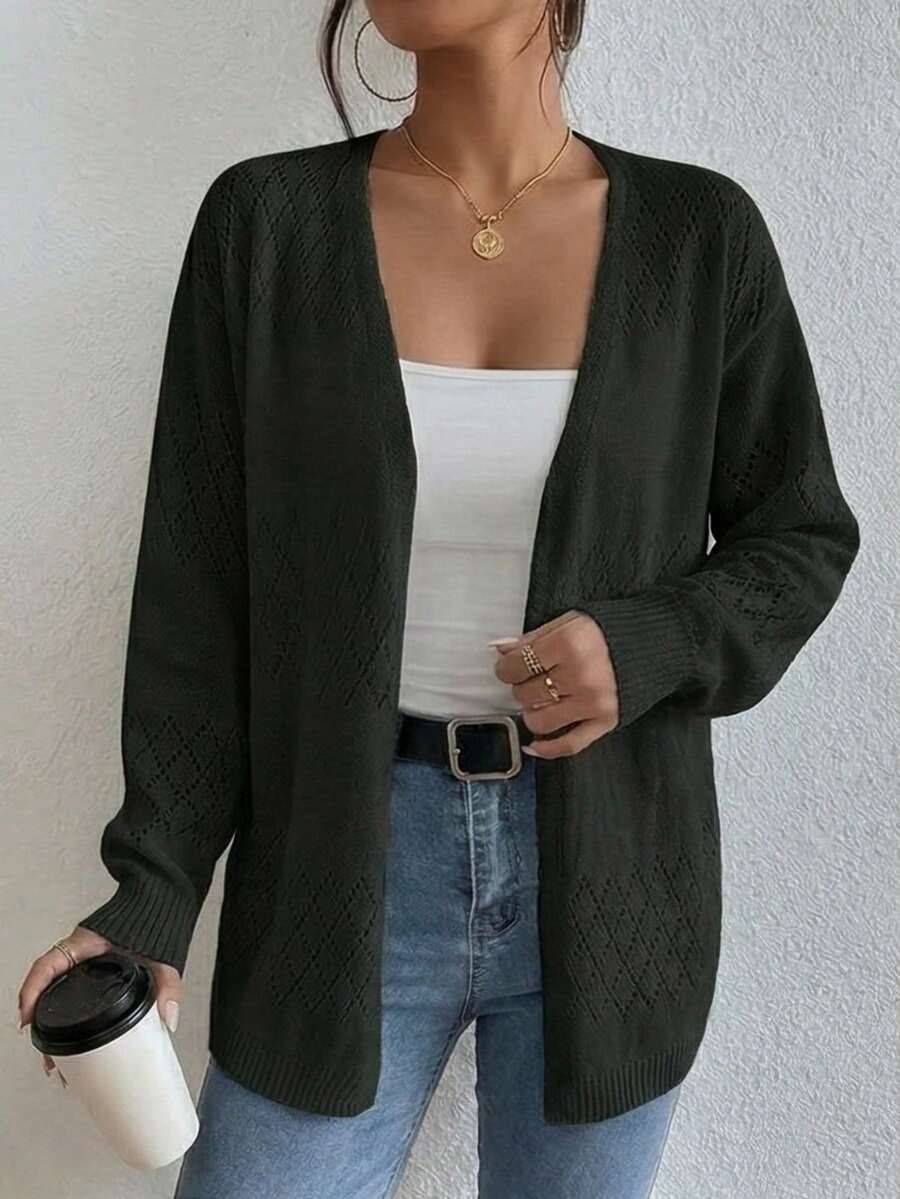 Plus Size Women's White Open Knit Cardigan, V Neck Long Sleeve Hollow Out Crochet Sweater, Casual Loose Open Front Outerwear For Spring Fall - Black - View 1