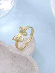 LIKGREAT 1pc Stainless Steel Butterfly Pattern Adjustable Open Ring, Minimalist Fashion Personalized Couple Rings, Mother's Day Jewelry Gift - Butterfly Series - View 7