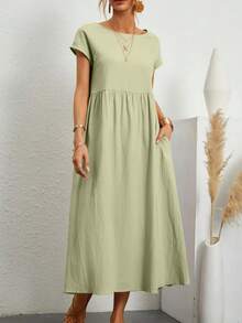 Vestido largo holgado de lino y algodón para mujer, prenda elegante y lisa de manga corta con cuello redondo, Estilo Vintage Harajuku, Y2K - Verde Claro - Ver 4