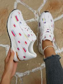 Women's Rainbow Striped Distressed Chunky Sneakers, Fashion New Lace-Up Low-Top Casual Sports Shoes, Soft Sole Comfortable Lightweight Outdoor Casual Trainers, Versatile For All Seasons - White - View 7