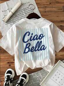 Dubbelsidigt tryck fram och bak, sommartopp för kvinnor, fräsch stil, randig, handskriven "Ciao Bella", kortärmad t-shirt med rund hals, Ling K-t-shirt för damer. - Vitt - Visa 3