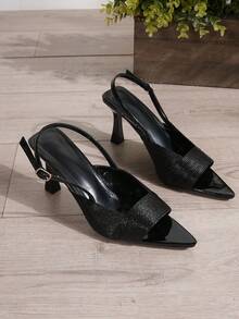 Women's Pointed Toe Woven Strap High Heel Mule Sandals - Black - View 6