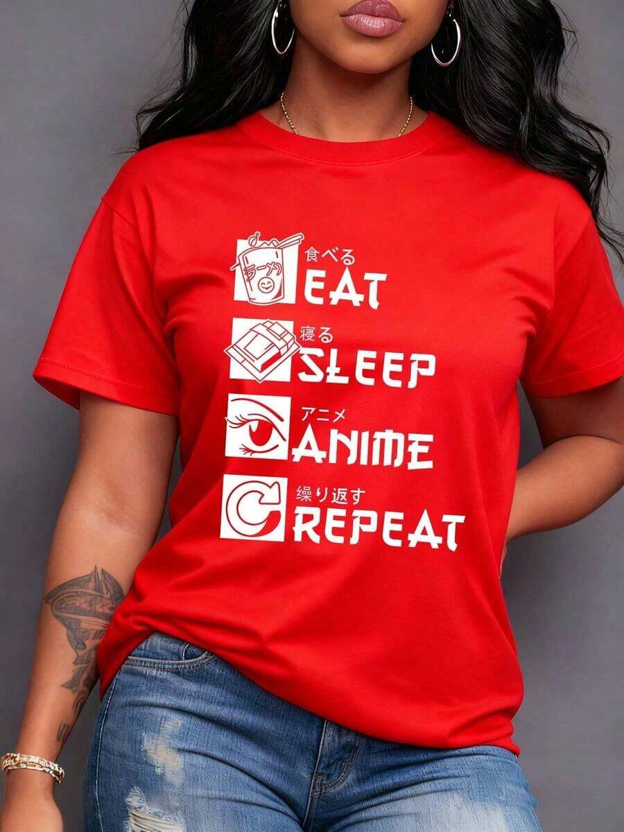 Under The Radar Women's Eat Sleep Anime Repeat Graphic Print T-Shirt: Original And Fun Design, Ideal For Manga And Japanese Culture Lovers. Comfortable And Casual, Perfect For Everyday Wear. Unisex Cotton T-Shirt With A Relaxed Fit, Short Sleeves, And A Crew Neck In An Urban Vintage Style. - 紅色 - 查看 1