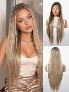 30 Inch Ombre Ash Blonde 13x4 Lace Front Wig For Women Long Straight Synthetic Hair Wig Pre Plucked Natural Hairline Heat Resistant Glueless Hair Wig Daily Party Cosplay Realistic Hairline Lightweight Breathable Easy Install Beginner Friendly - 挑染棕色 - 查看 3