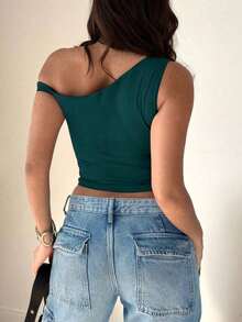 Top casual de manga corta con cuello asimétrico, plisado y unicolor negro - Verde Oscuro - Ver 4