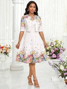 Lady Conjunto de falda larga y chaqueta corta de dos piezas, de colores brillantes y románticos, con un temperamento elegante y maduro, ideal para primavera y verano - Multicolor 7 - Ver 6