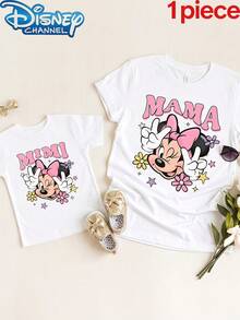 Disney 1pc Girls Cute Minnie Mouse Floral Print Short Sleeve T-Shirt Mommy And Me Matching Outfits Clothes For Women And Girls Summer - Màu trắng - Mini - Xem 2