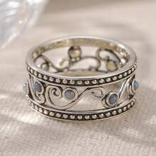 Anillo de cobre hueco vintage, anillo de banda ancha con turquesa sintética de estilo bohemio para mujer - Plateado - Ver 11