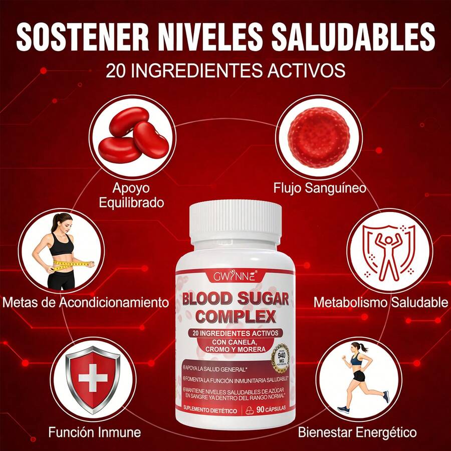 Gwynne Blood Sugar Complex 90 Cápsulas | Apoya Niveles Saludables de Azúcar en la Sangre dentro del Rango Normal | Con Vitamina C, E, Biotina, Magnesio y Cromo - 90 unidades - Ver 1