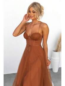 KZKZWK Cami Tulle Midi Dress With Corset Bodice, Sweetheart Neckline, Tie Waist Detail, Flared A-Line Skirt, Bridesmaid & Formal Party Wear - 黃色 - 查看 5