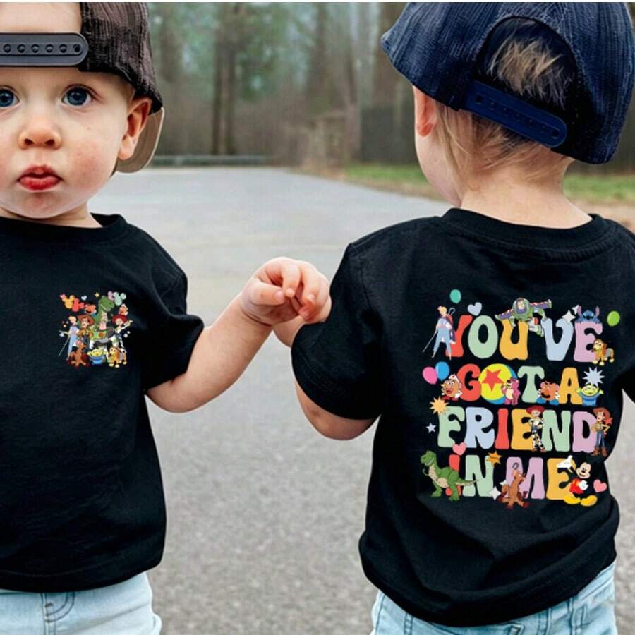Disney Toy Story Toddler Boys T-Shirt, 6 Months-3 Years, Double-Sided Print Tee With Woody, Buzz Lightyear & Friends, "You've Got A Friend In Me" Short Sleeve Casual Top, Express Delivery - màu đen - Xem 1