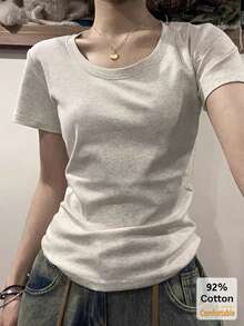 2件套春夏新款碎花灰色短袖T恤，纯色修身休闲女式T恤 - 花灰色+花灰色 - 查看 2