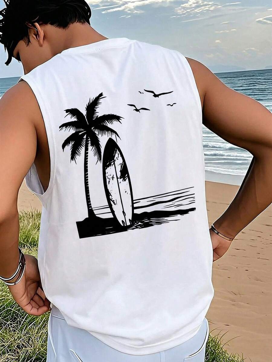 1pc Men's Summer Casual Printed Round Neck Tank Top - White - View 1
