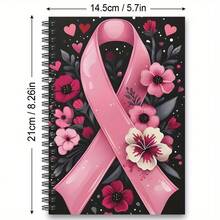 1pc Spiral Notebook With Horizontal Lines, Pink Ribbon Floral Design, Breast Cancer Awareness Gift Notebook, Suitable For Women And Men, Office & School Supplies, Inspirational Gift For Friends And Colleagues, Scrapbooking DIY Kit, Spiral Bound Horizontal Line Notebook - D - View 3