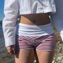 Y2k lindo contraste de Color elástico de cintura baja Slim Fit Micro pantalones cortos mujeres plegable a rayas Mini pantalones cortos adolescente chica Pjs Lounge Bottoms - A - Ver 2