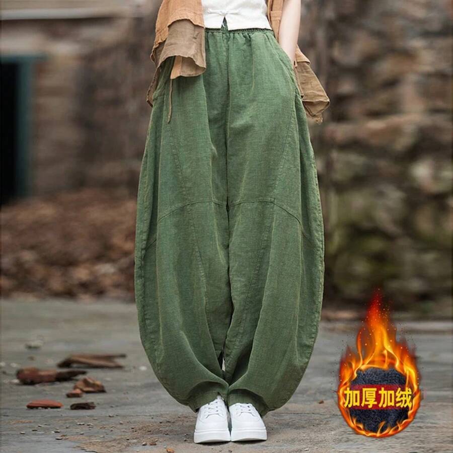 Pantalones Cargo Holgados de Algodón y Lino para Mujer, Elegantes, Vintage, con Cintura Elástica, para Yoga, Casuales, Largos, de Pierna Ancha, Talla Grande - Verde (con terciopelo) - Ver 1
