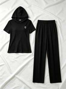 Conjunto de 2 piezas de chaqueta con cremallera y bloqueo de color deportivo, y pantalones anchos de ajuste holgado para mujer - Negro - Ver 5