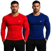 Kit Of 2 Thermal UV 50+ Base Layer Shirts/T-Shirts/Cool Mesh Shirts For Gym And Sports - 紅色和海軍藍 - 查看 5