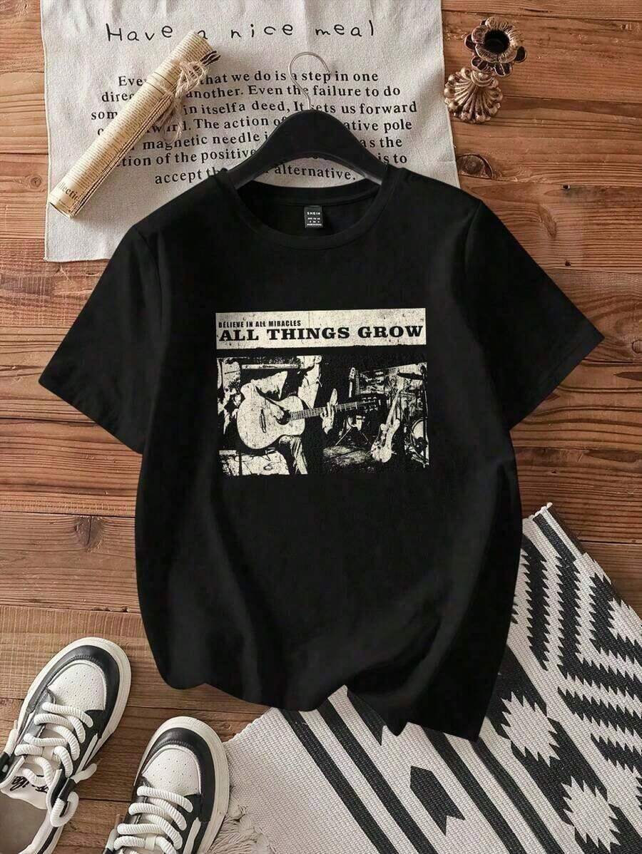 2026 new pure cotton T-shirt  playeras de hombre  playeras de mujerCamiseta de mujer de manga corta, cuello redondo, estampado de banda, suelta y casual, de mezcla de algodón, adecuada para el verano - Negro - Ver 1