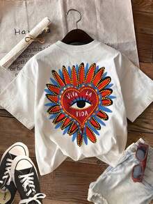 Summer Tops [Double-Sided Print] Women's Casual Summer Top, Bohemian Style, Viva Hearts Eyes Petals Print, Round Neck, Short-Sleeved Pure Cotton T-Shirt. - White - View 2