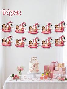 7/14/21pc Custom Photo Flamingo Pool Float Party Banner, Personalized Tropical Summer Face Garland, Custom Flamingo Bunting, Beach/Pool Birthday Decor, Unique Flamingo Float Themed Party Banner, Customizable Summer Pool Party Decoration - Multicolor - View 10