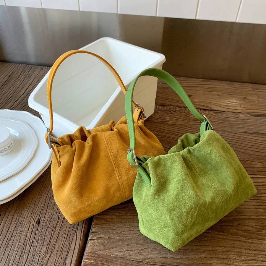 Women Suede PU Leather Crossbody Bag With Adjustable Strap Drawstring Top Handle Bag Shoulder Handbags Travel Winter Fall - Màu vàng - Xem 1