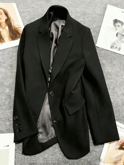Áo khoác blazer nữ cổ điển cài một hàng khuy, ve áo, màu đen đa năng, phù hợp mặc đi làm hàng ngày, trang phục dự tiệc mùa xuân thu.