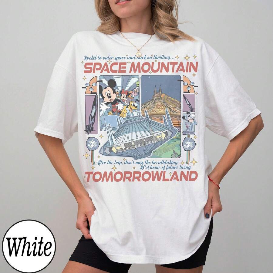Disney Women's Vintage Space Mountain Mickey & Friends Shirt, Tomorrowland Magic Kingdom Ride Tee, Disneyland Family Trip Matching Vacation Casual Cotton T-Shirt - 白色 - 查看 1