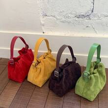Women Suede PU Leather Crossbody Bag With Adjustable Strap Drawstring Top Handle Bag Shoulder Handbags Travel Winter Fall - Màu vàng - Xem 6