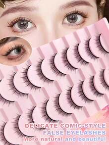 10 Pairs Super Thin Natural False Eyelashes, 1 Box, Fluffy Soft Thick 3D Faux Mink Lashes, Delicate Long Lashes, Messy Roots, Multi-Layer Fake Lashes, Short Dense Type For Daily, Date, Travel - Black - View 1