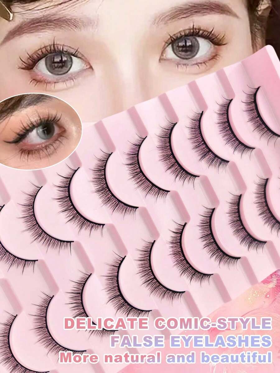 10 Pairs Super Thin Natural False Eyelashes, 1 Box, Fluffy Soft Thick 3D Faux Mink Lashes, Delicate Long Lashes, Messy Roots, Multi-Layer Fake Lashes, Short Dense Type For Daily, Date, Travel - Black - View 1