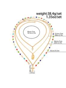 Set de 4 collares rosario de varios niveles chapados en plata, con cristales de colores incrustados, colgante de Virgen María y cruz, estilo gótico Y2K de cadena multicapa, joyería personalizada para mujer, adecuada para uso diario y festividades - Dorado - Ver 7