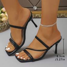 Women Two-Wear Elastic Strap Design Square Toe Thin Heel Sandals Elegant Style For Commute Date Summer Black PU Leather Mules - Black - View 13