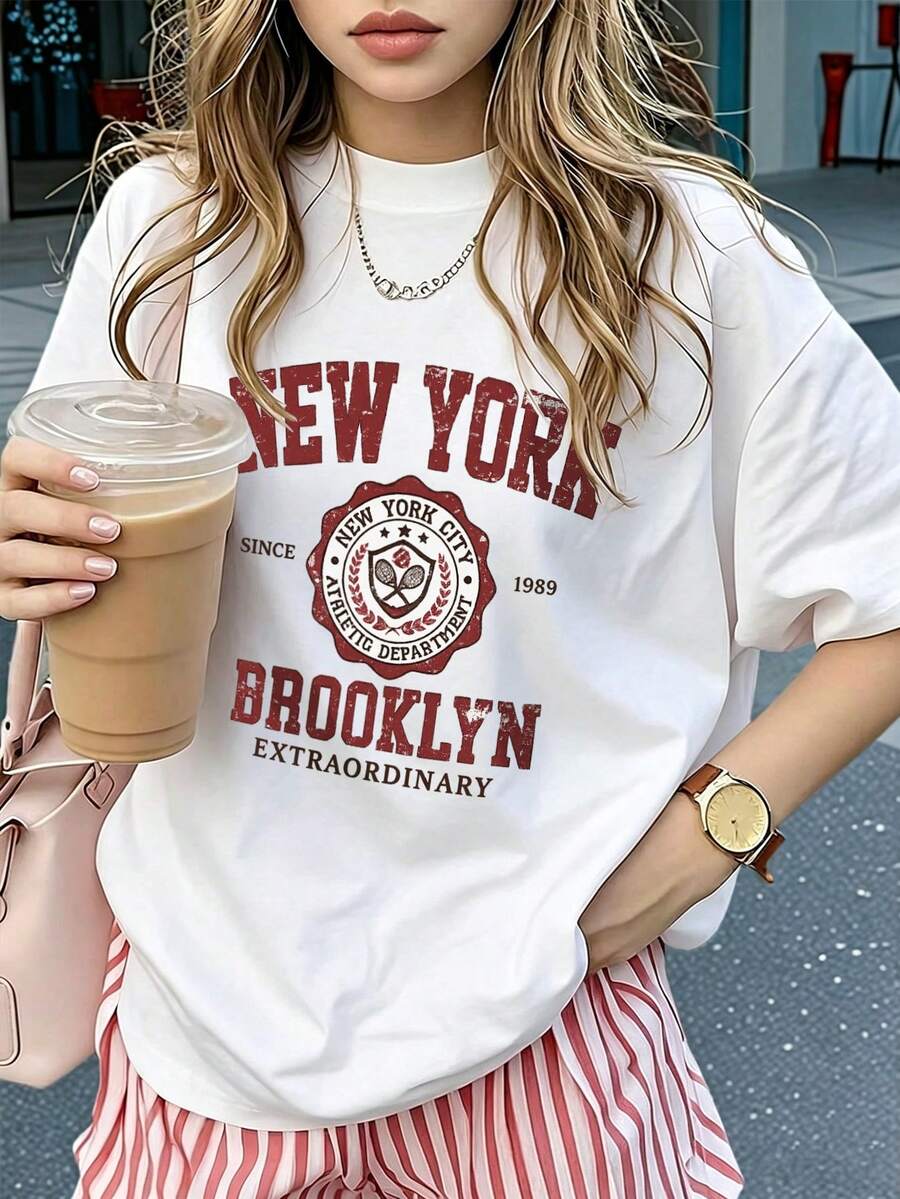 女款圓領短袖基礎 T-shirt,柔軟親膚面料,休閒日常街頭風百搭上衣 - 白色 - 查看 1