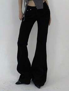 Jeans de tiro bajo con diseño de bolsillo, estilo casual y versátil - Negro - Ver 6