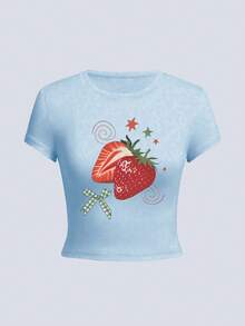 Women's Strawberry Bow Print Short Sleeve Light Blue Top Set, Cute & Fitted Baby Tee, Round Neck Casual Blouse For Daily Wear Summer, Aesthetic - Baby Blue - View 2