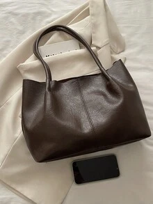 2个装女士纯色绗缝内衬手提包，时尚大容量单肩包，按扣闭合，休闲街头风，适合摄影、日常通勤。 - 咖啡棕 - 查看 3