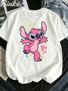 Disney Lilo & Stitch Angel T-Shirt, Double-Sided Oversized Crewneck Tee - 白色 - 查看 2