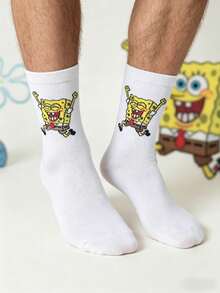 SpongeBob SquarePants 1 đôi tất nam màu trắng in hình hoạt hình bọt biển, ngộ nghĩnh và thoải mái, thích hợp mặc hàng ngày, cả bốn mùa. - Nhiều màu - Xem 4