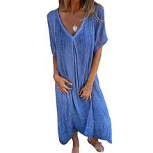 Vestido holgado de lino y algodón de estilo bohemio para mujer, traje largo, suave y transpirable, con cuello en V, Estilo Vintage, para playa, 2024 - Rosa - Ver 2