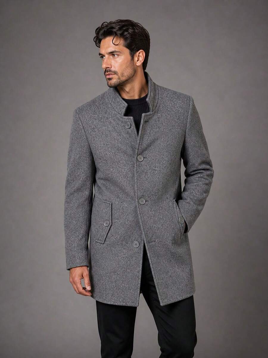 Men's Overcoat, Felted Wool, High Collar. - 深灰色 - 查看 1
