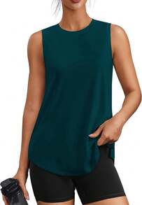 PINSPARK Workout Tops For Women Sleeveless Athletic Tank Tops UPF 50+ Running Tanks With Side Slits Loose Fit Gym Yoga Shirt - 苔蘚藍綠色 - 查看 7