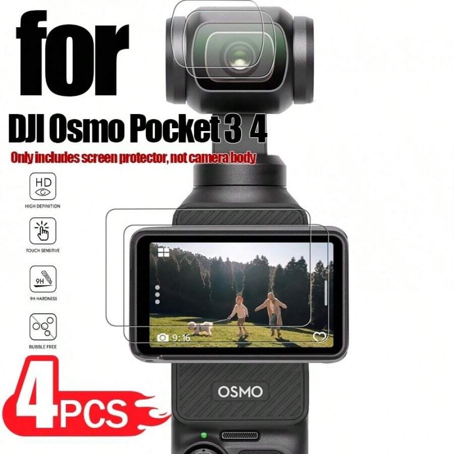 （2片相机屏幕保护膜+2片镜头保护膜）适用于Osmo Pocket 3/4，四合一高清屏幕保护膜，9H钢化玻璃，防指纹，防刮花，防摔，易于安装，升级版优质相机配件，高透光率