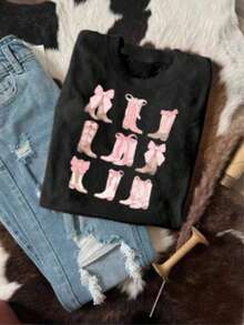 Women's Short Sleeve T-Shirt With Round Neck Print And Pink Cowboy Boots - Black - View 6