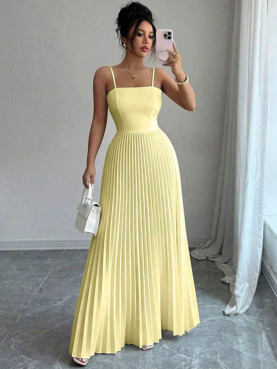Vestido largo de mujer de unicolor, plisado, elegante, con cintura ceñida y tirantes, adecuado para fiestas y salidas - Amarillo claro - Ver 1