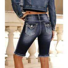 Quần lửng denim nữ mùa xuân/hè mới, quần denim thêu dáng ôm vừa vặn, đa năng, thời trang thường ngày. - Than chì - Xem 4