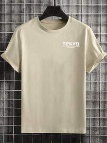 Plus Size Men's Creative "TOKYO" English Graphic Print Casual Commuter Round Neck Short Sleeve T-Shirt, Summer - Apricot - View 2